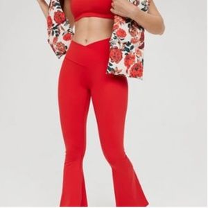red XS crossover high waisted flare leggings by Aerie
